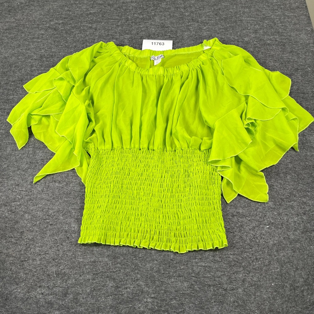 Erica Brooke Collection Neon Lime Green Ruffle Sleeve Smocked Waist Top Plus 30